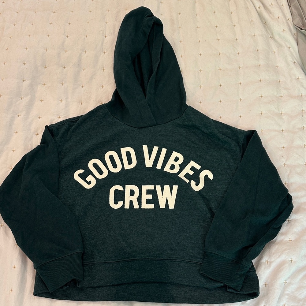 Old Navy Dark Green Cropped 'Good Vibes Crew' Hoodie with White Lettering